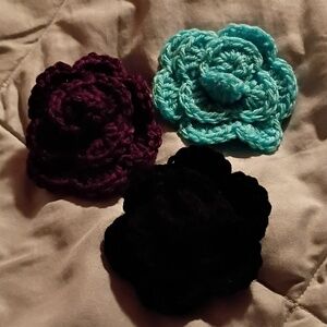 Hand Crafted Crochet Brooch Trio - Purple, Blue, Black